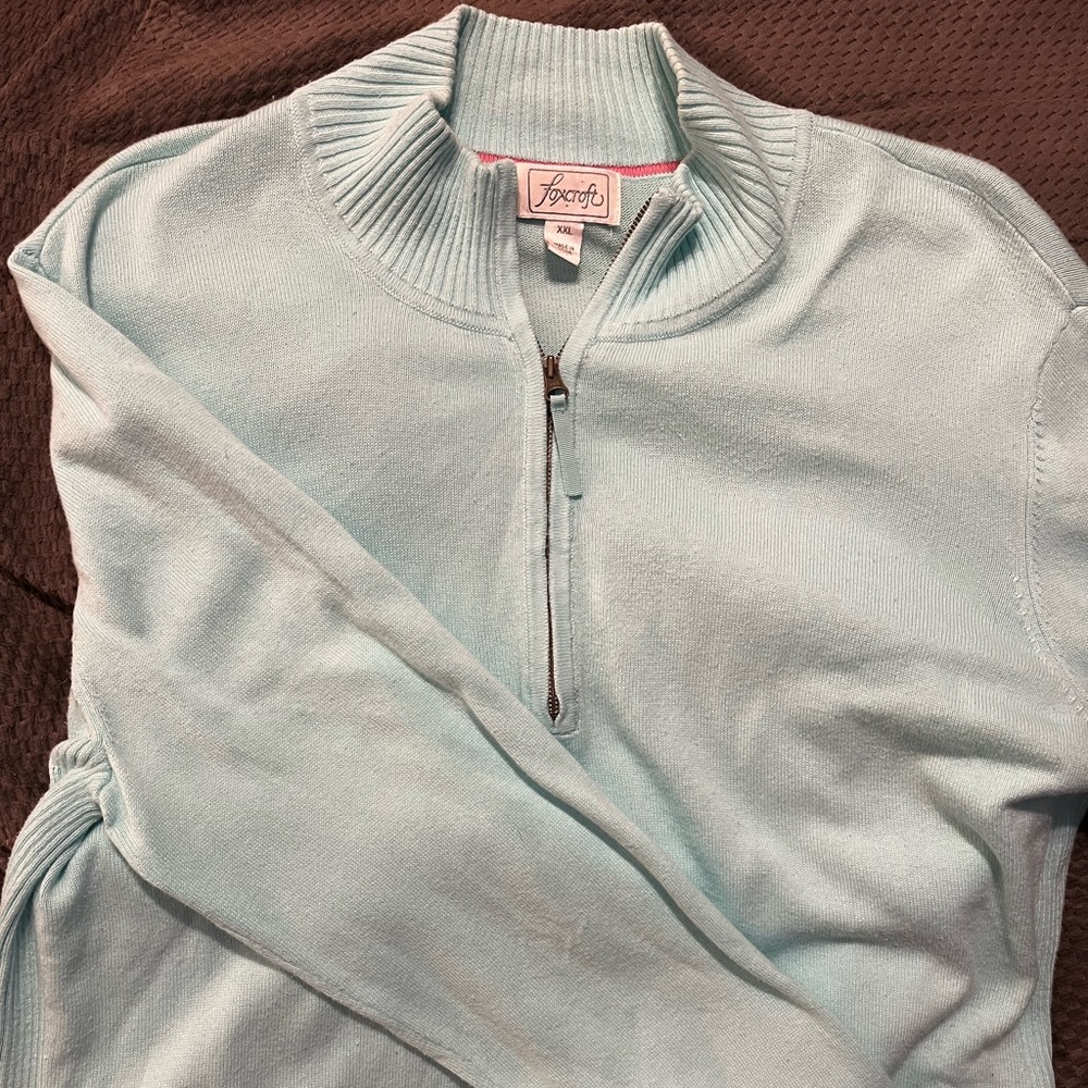 Light blue Foxcroft sweater ribbing detail